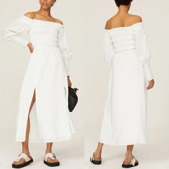 ALLSAINTS Lary Dress Women 2 Ivory Off-Shoulder Midi Shirred Bodice Linen Silk - Picture 1 of 14